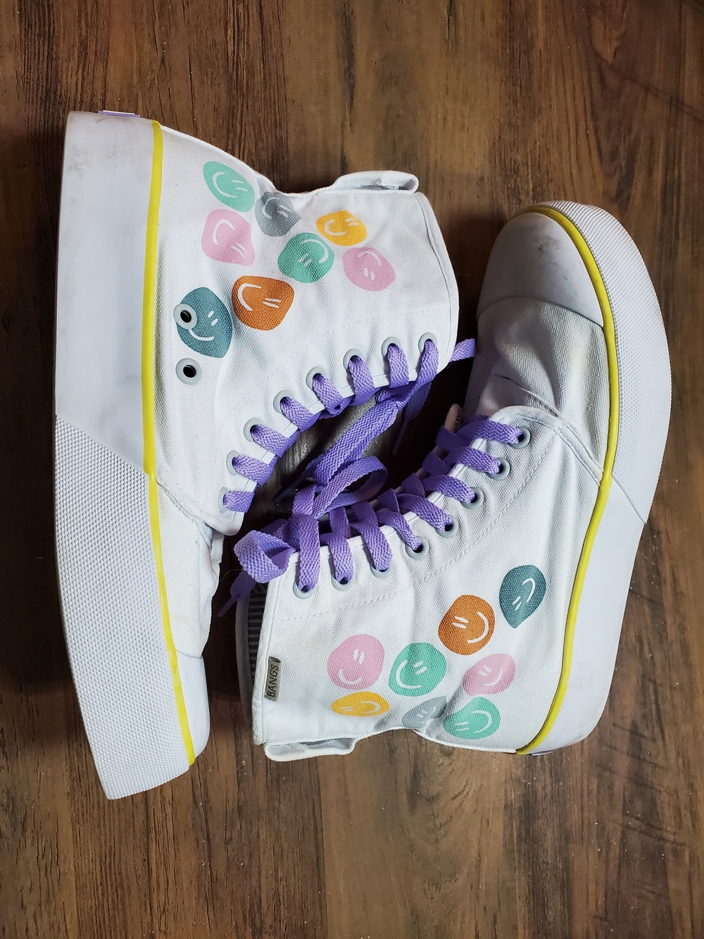 White High-Top Sneakers with Pastel Smiley Prints and Purple Laces